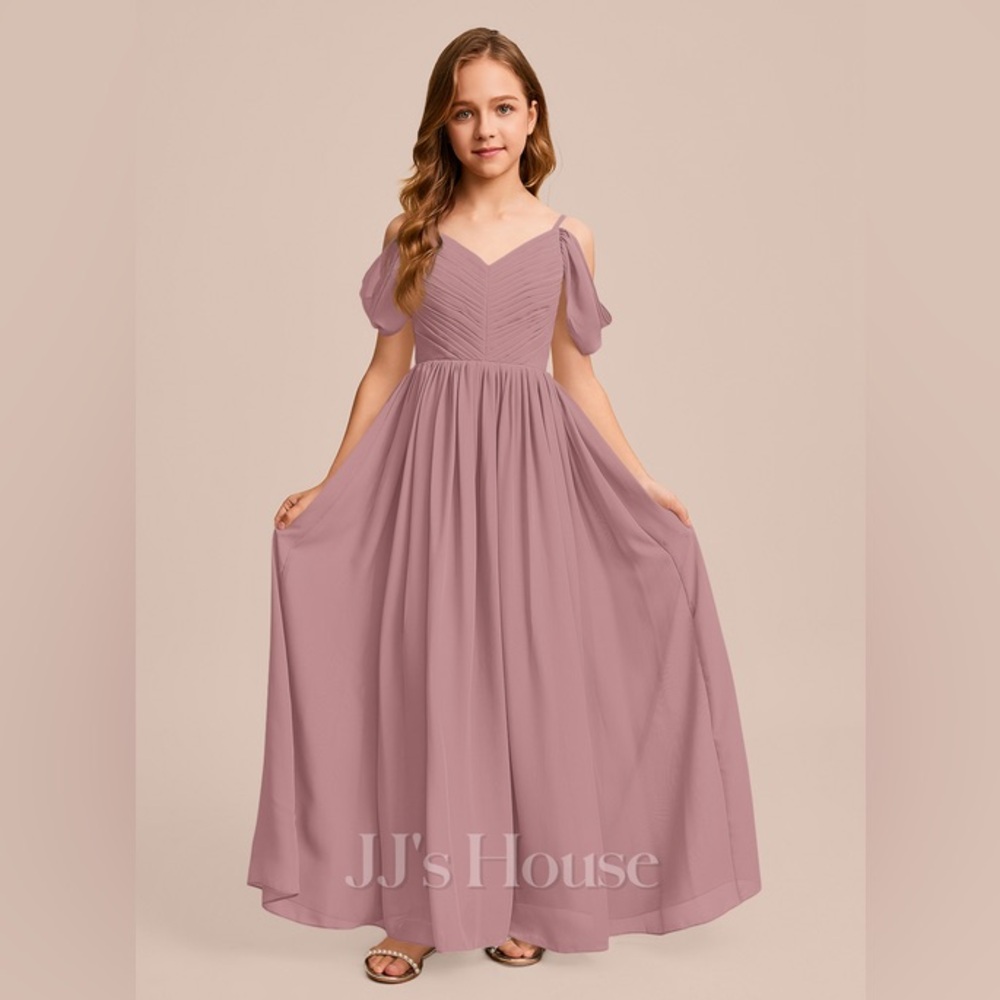 A-line Cold Shoulder Floor-Length Chiffon Junior Bridesmaid - Vintage Mauve